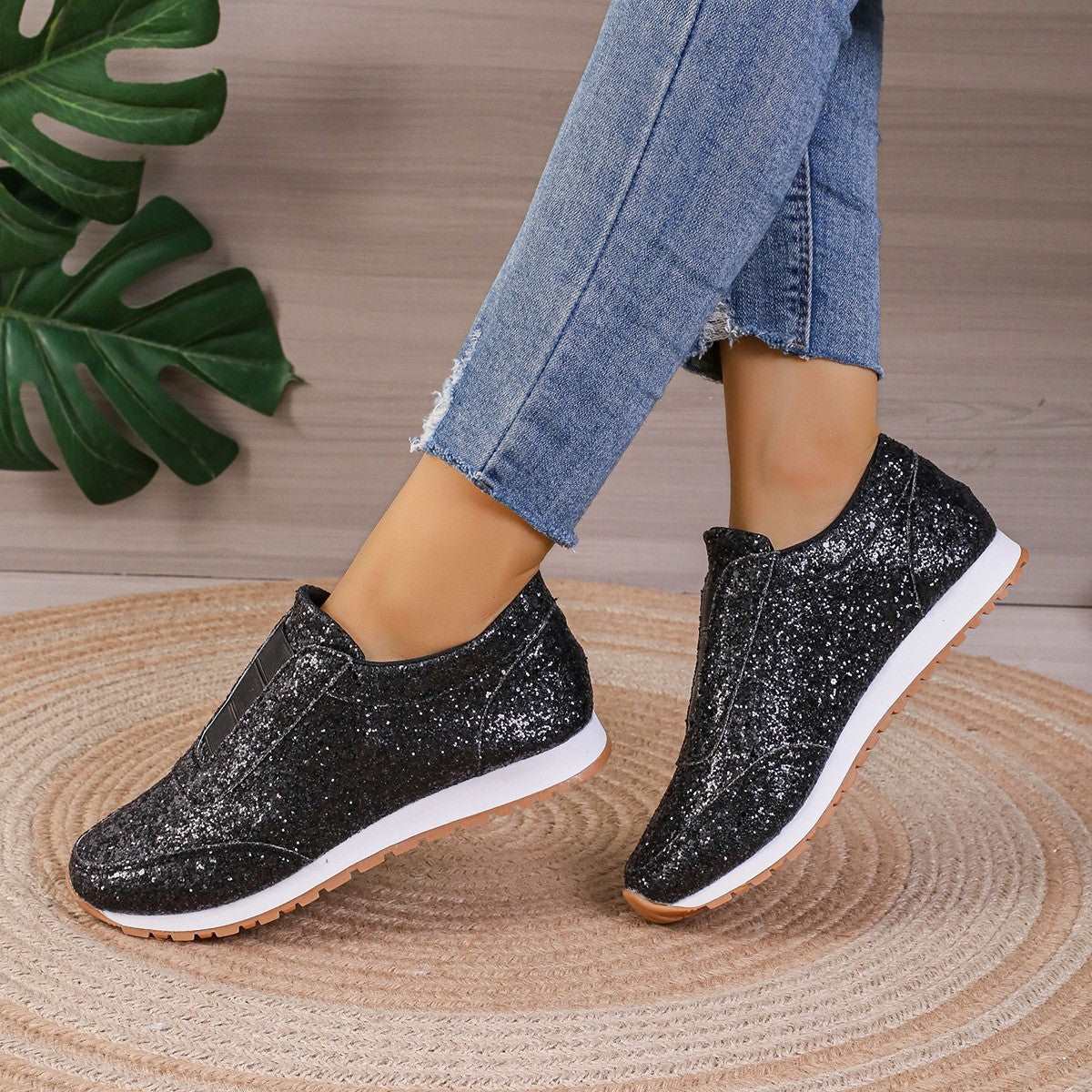 Gold Sliver Sequined Flats Casual Round Toe Slip-on Shoes.