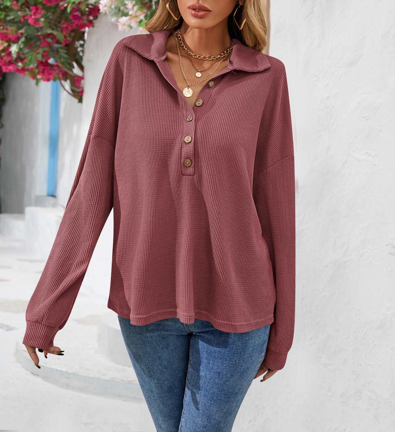 Fashion Lapel Button Sweatshirt Casual Loose