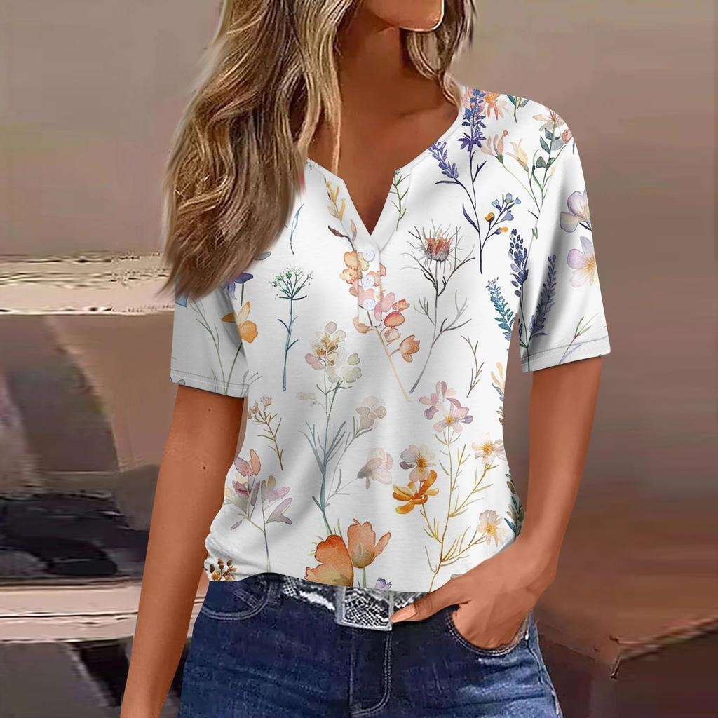 Flower Print Three-button V-neck shirt