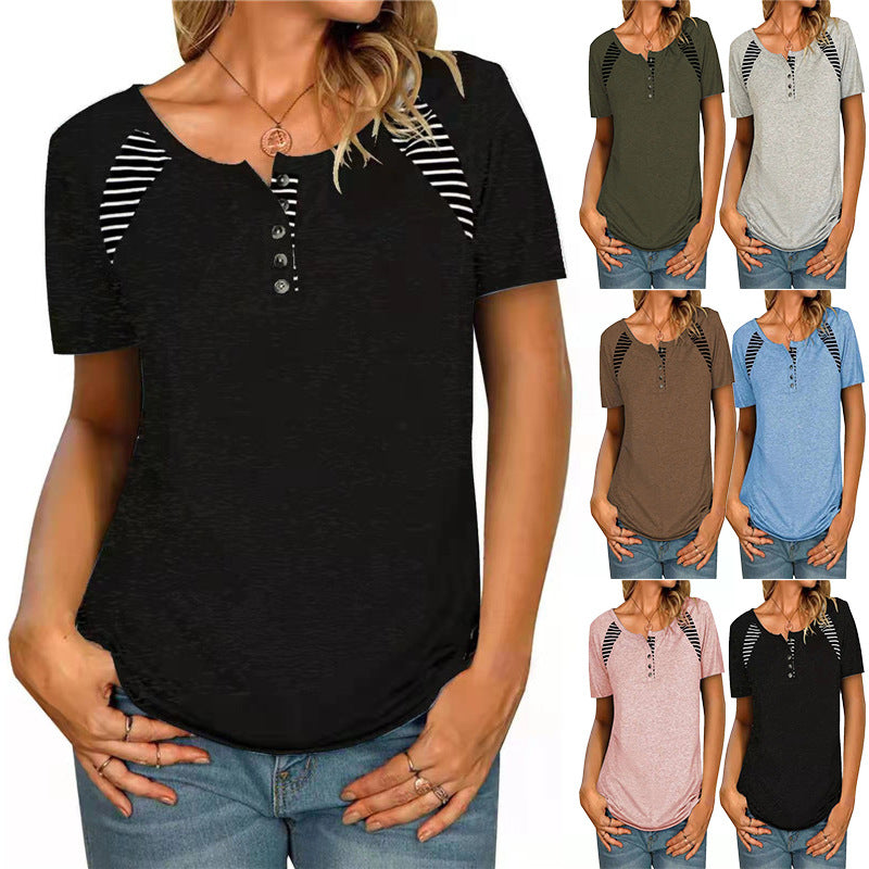 Womens Short Sleeve Printed Striped Casual TShirt Top.