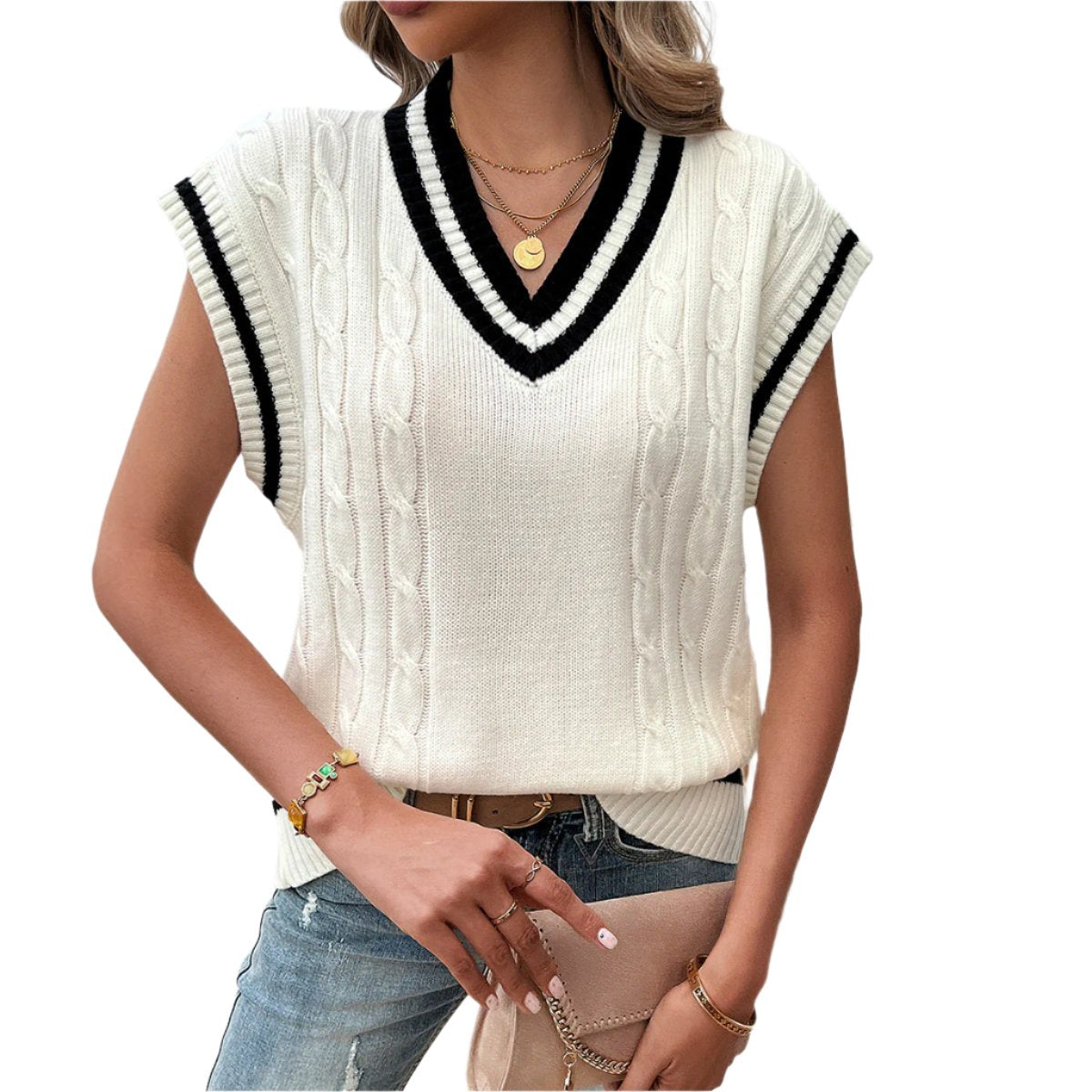 Women's Sleeveless Top Loose V-collar Contrast Colour