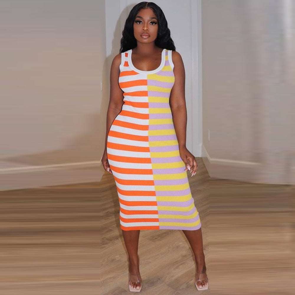 European And American Women's Striped Print Round Neck Sleeveless Dress