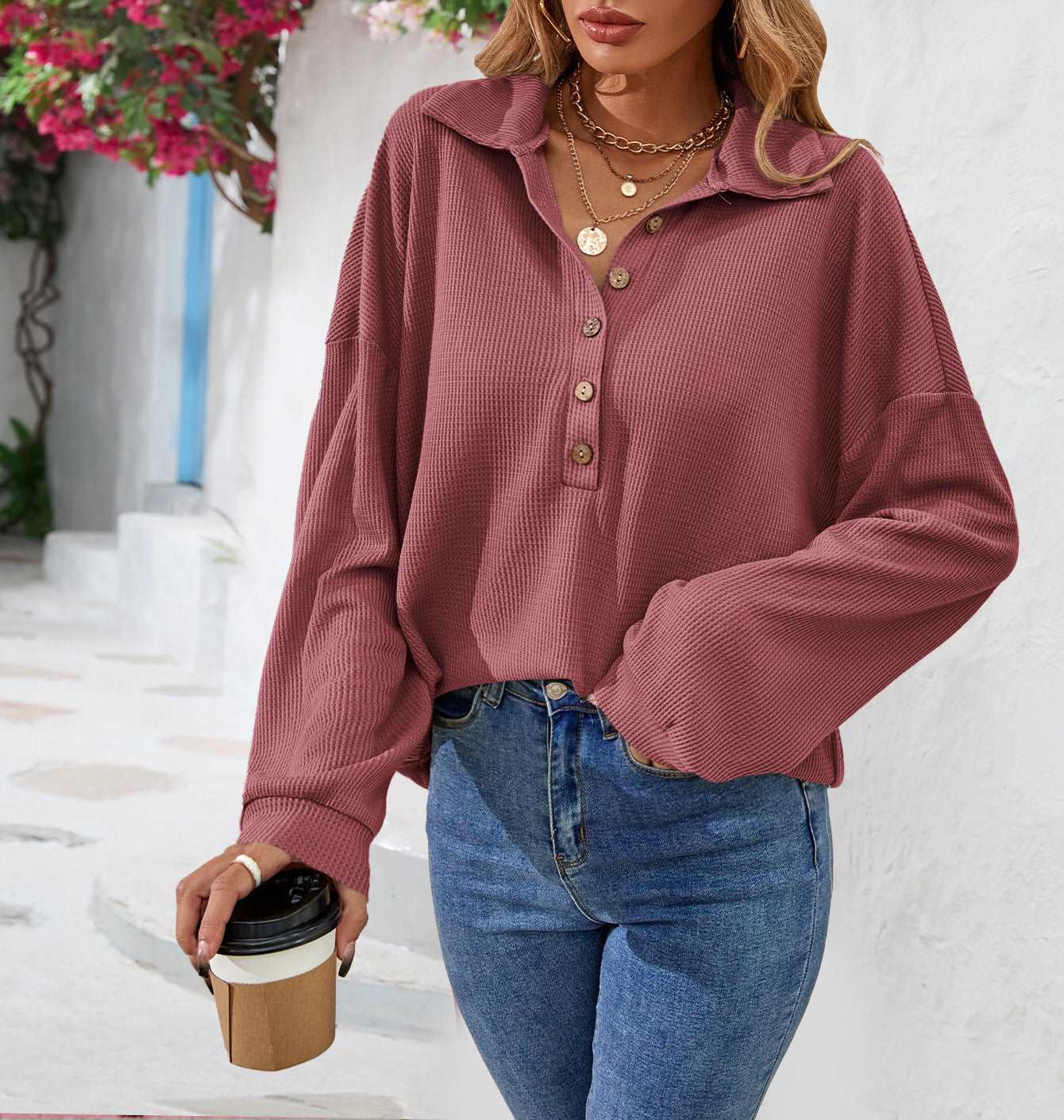 Fashion Lapel Button Sweatshirt Casual Loose