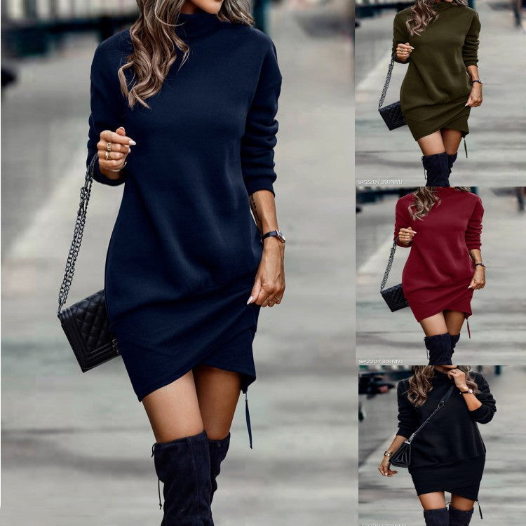 Long Sleeve Dress Solid Color High Neck Cross Short Dress Womens Clothing.