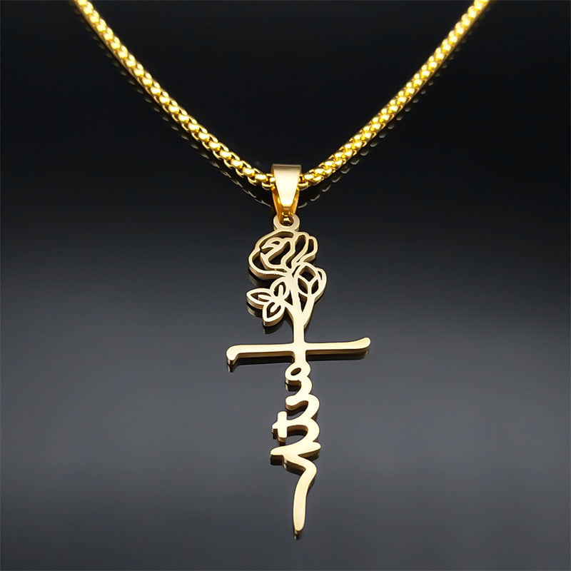 Cross Rose Necklace 18K Gold.