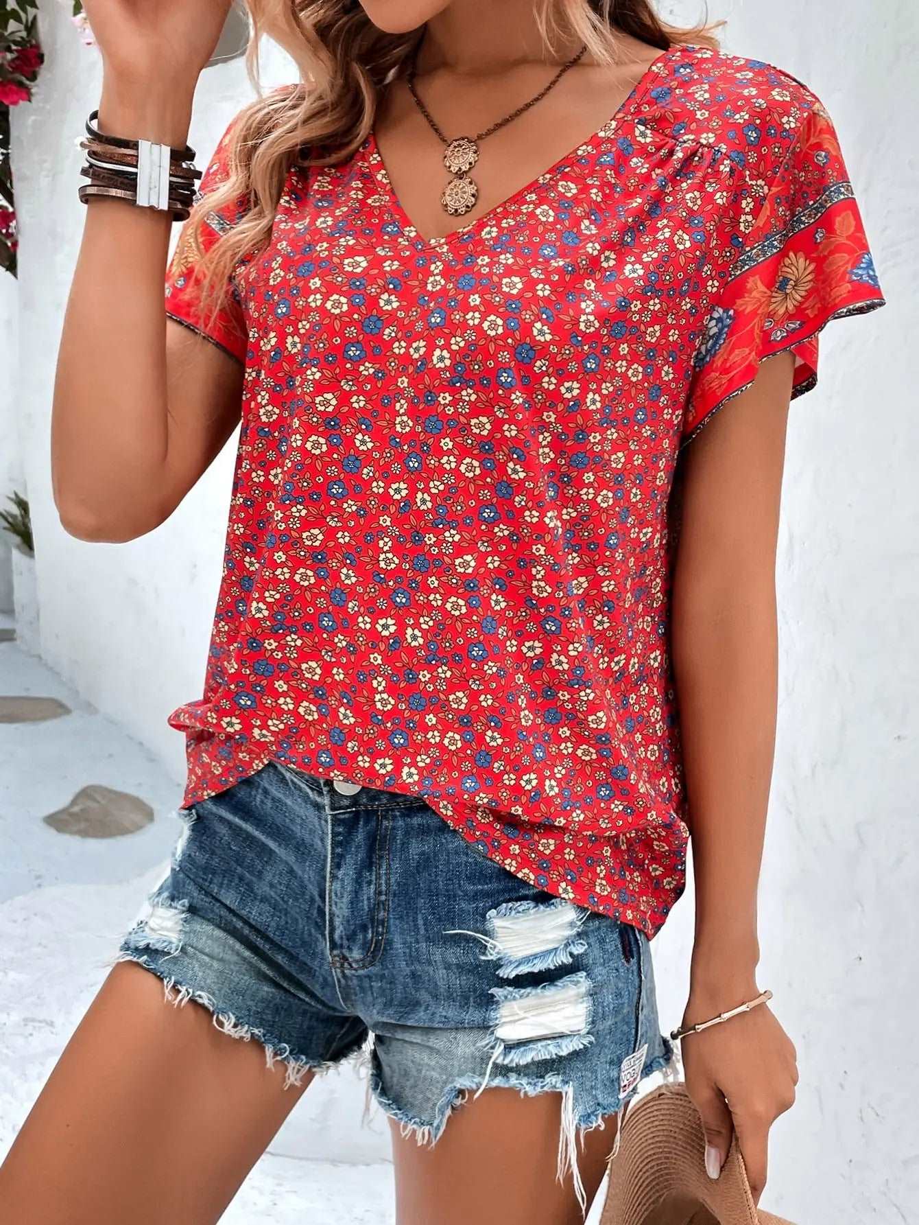 Blossom Charm V-neck Blouse - Ridnaps fashion