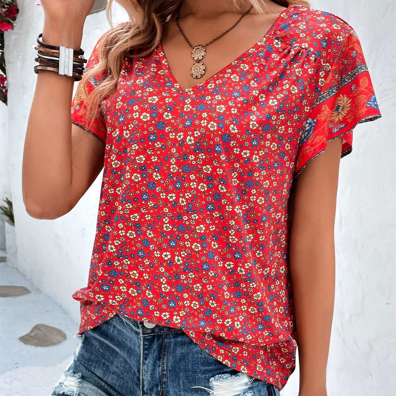 Blossom Charm V-neck Blouse - Ridnaps fashion