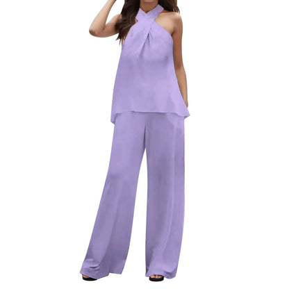 Breeze Ease Duo V-neck top with wide leg pants - Ridnaps fashion