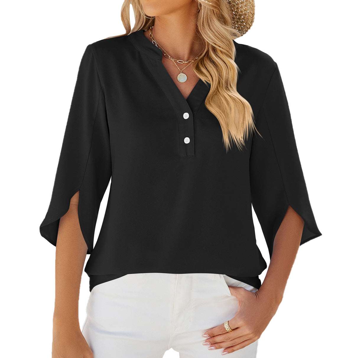 Button V-neck Mid-sleeve Chiffon Shirt Solid Color Top Womens Clothing