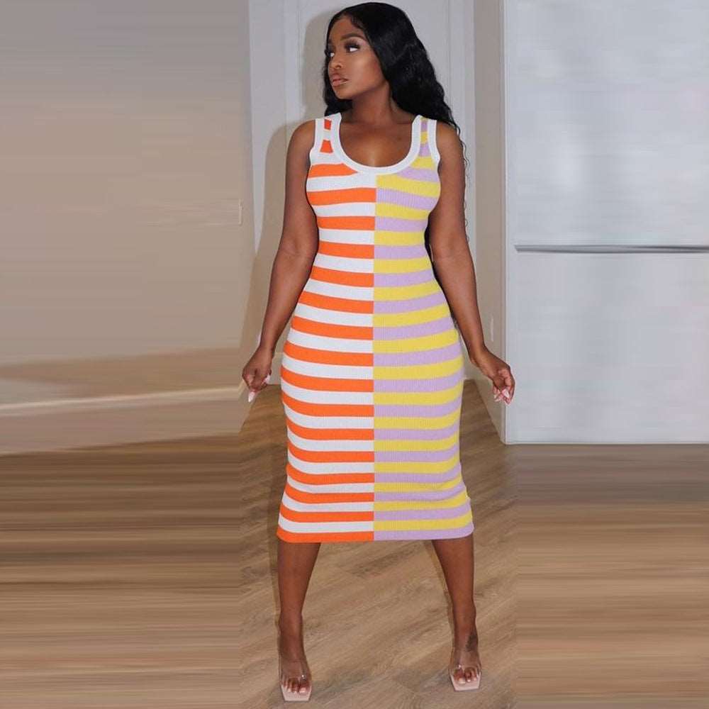 European And American Women's Striped Print Round Neck Sleeveless Dress