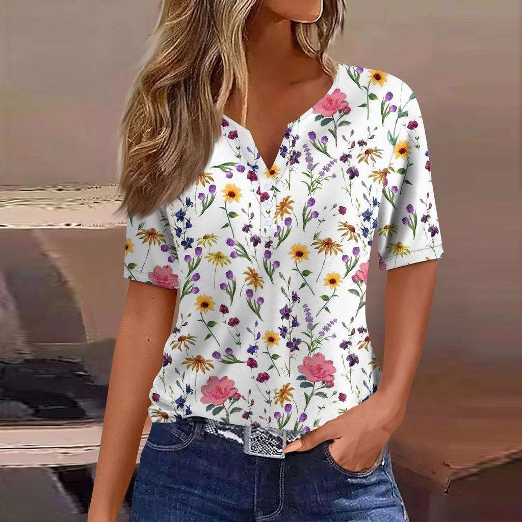 Flower Print Three-button V-neck shirt