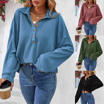 Fashion Lapel Button Sweatshirt Casual Loose