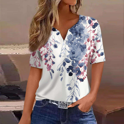 Flower Print Three-button V-neck shirt