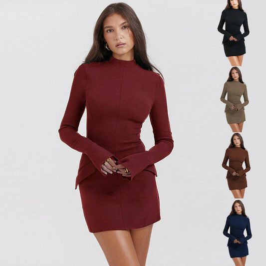 Long Sleeve Dress With Two Pockets Slim Bodycon Hip Short Dress