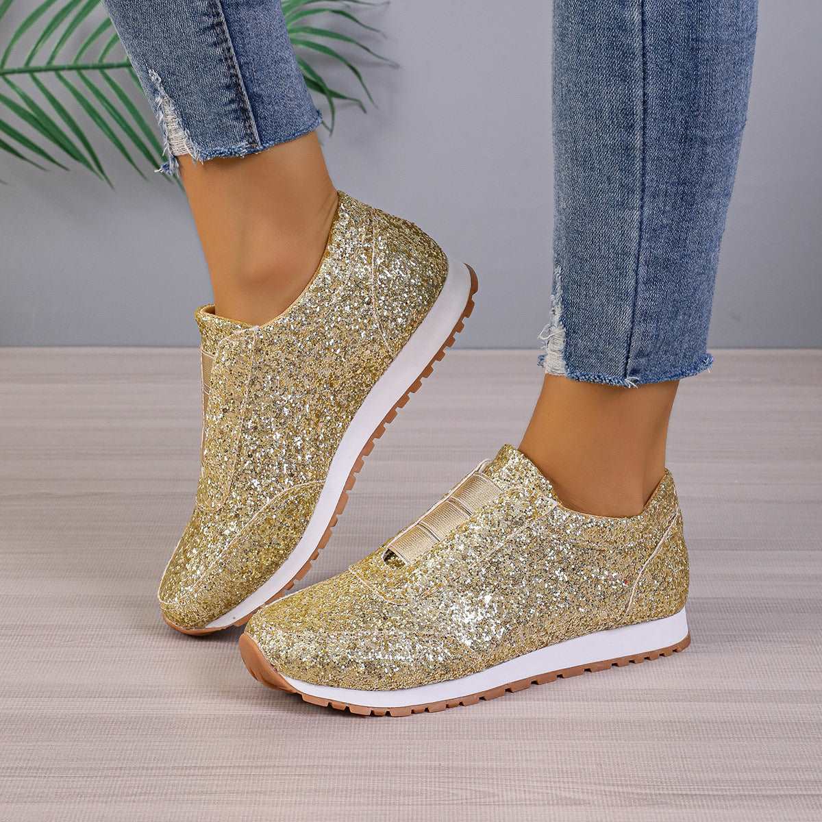 Gold Sliver Sequined Flats Casual Round Toe Slip-on Shoes.