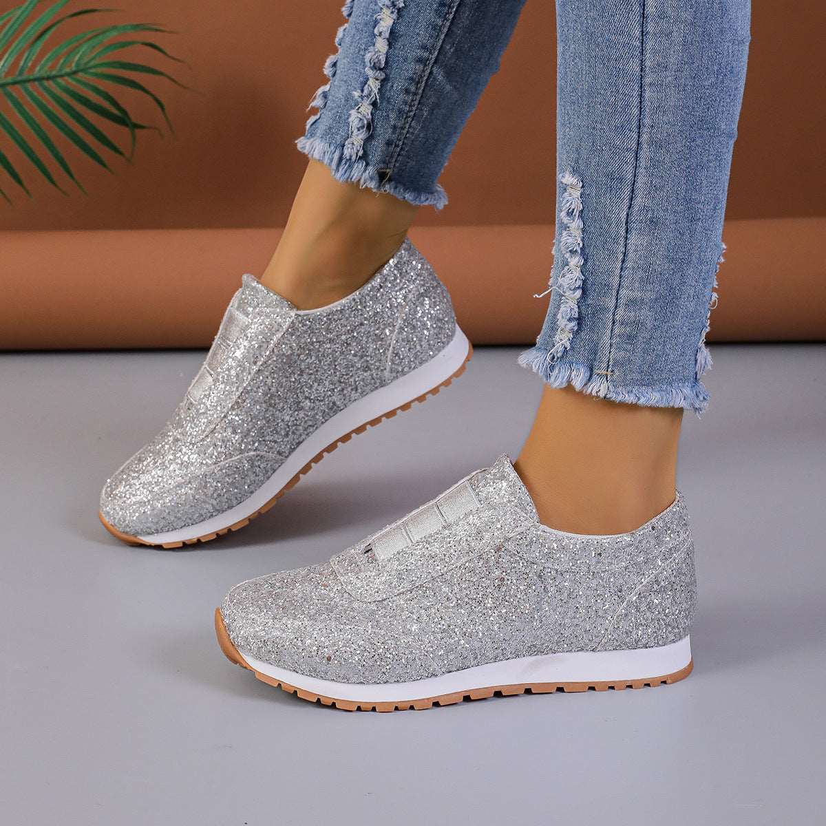 Gold Sliver Sequined Flats Casual Round Toe Slip-on Shoes.