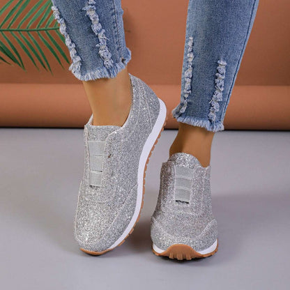 Gold Sliver Sequined Flats Casual Round Toe Slip-on Shoes.