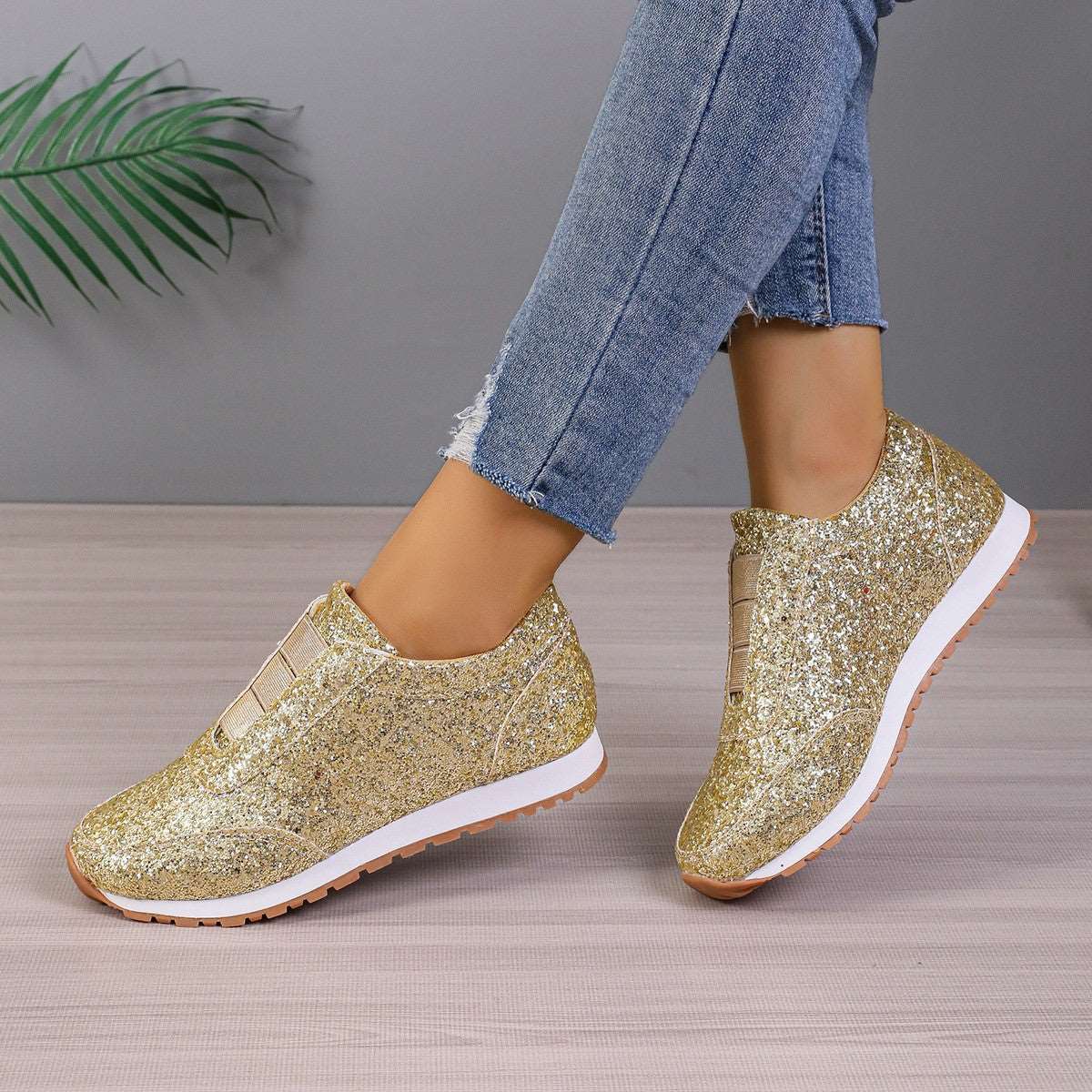 Gold Sliver Sequined Flats Casual Round Toe Slip-on Shoes.