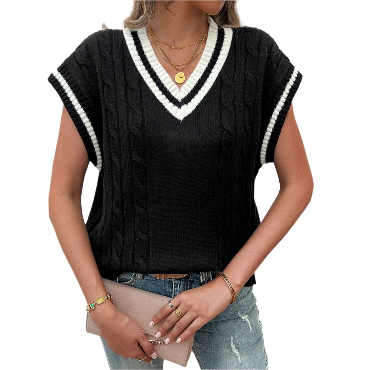 Women's Sleeveless Top Loose V-collar Contrast Colour